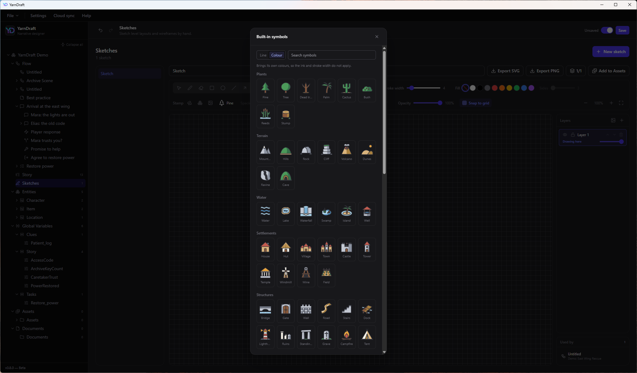The sketch view with the built-in symbol palette open: plants, terrain, water, settlements and structures.