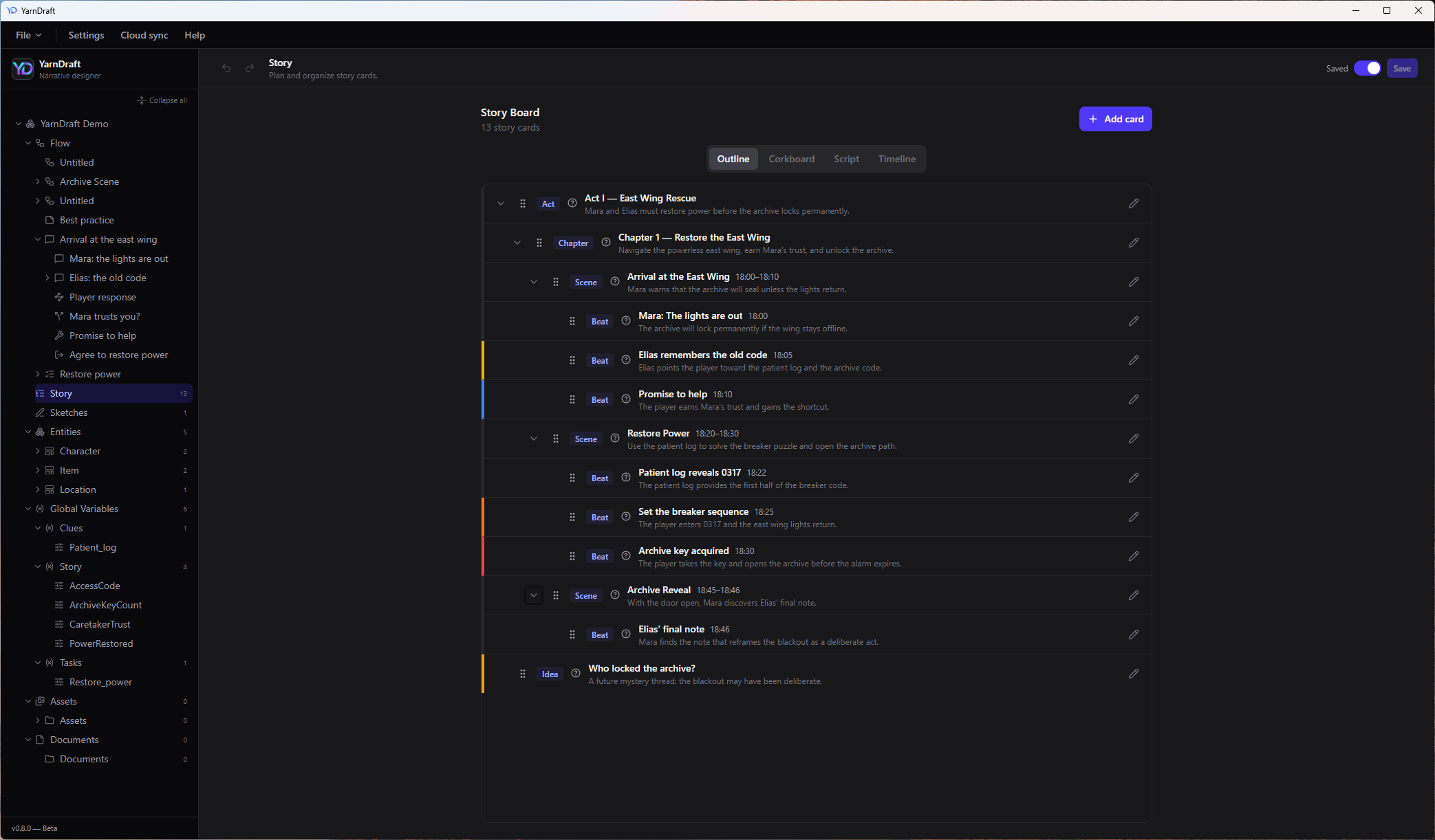 The YarnDraft story board in outline view, with acts, chapters, scenes and beats.